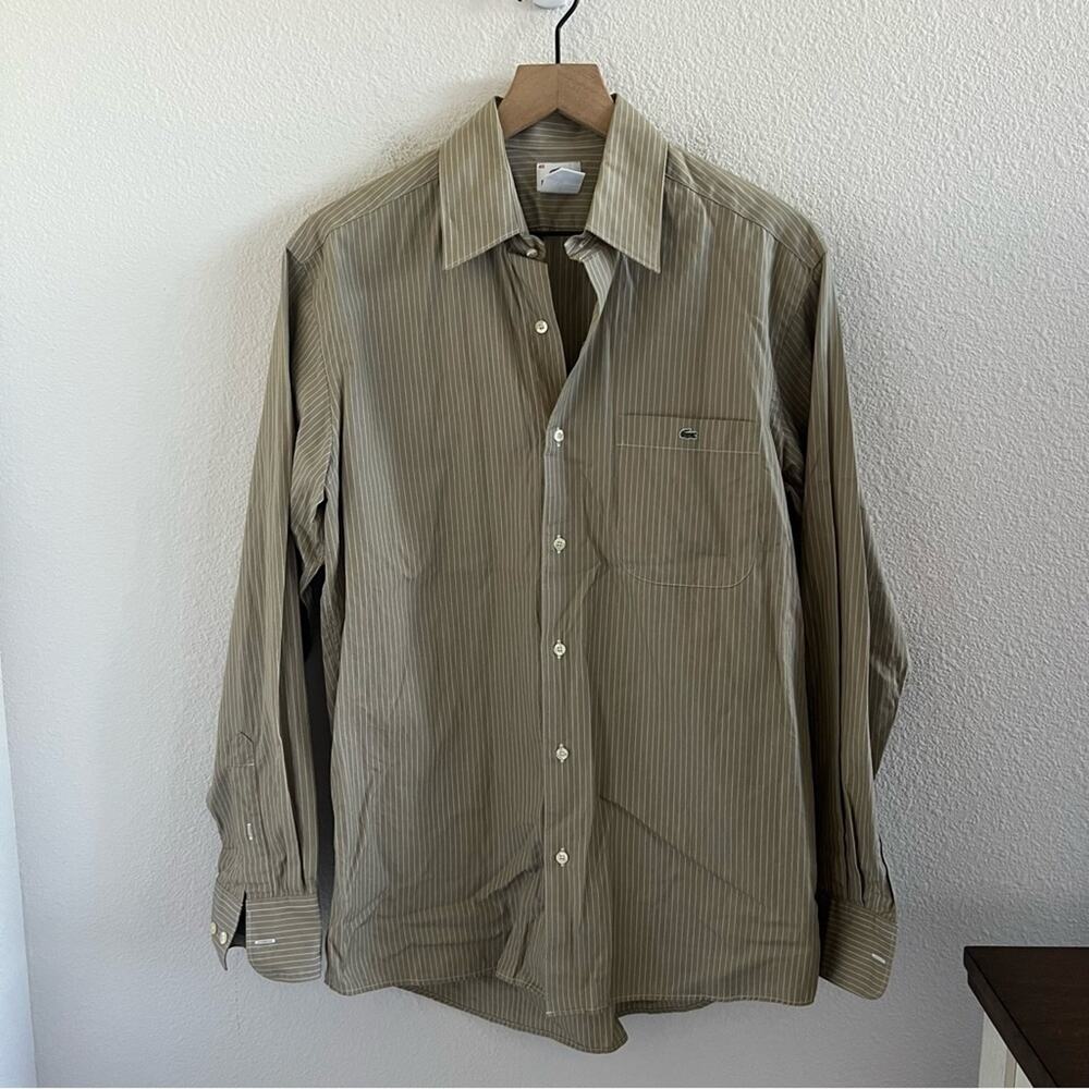 Lacoste Men's Tan White Long Sleeve Front button Collar Shirt 40